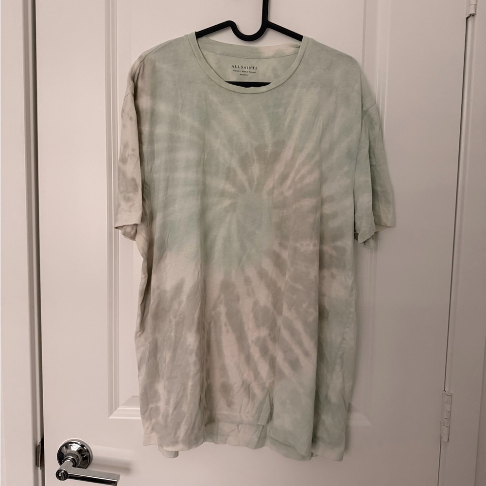 AllSaints Men's Tie-Dye Short Sleeve Tee in Light Green and Cream
